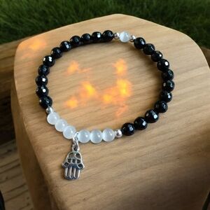 HQ Cleansing & Protection Black Tourmaline Selenite Hamsa Charged Beaded Stretch